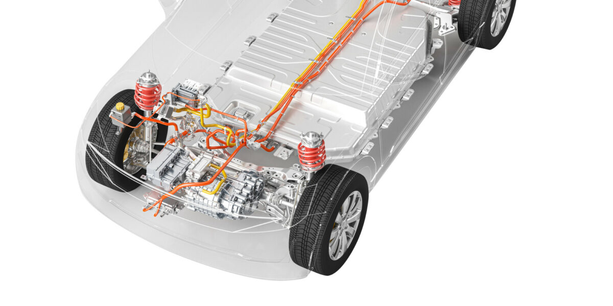 Modern electric car chassis x-ray vehicle battery in studio environment line art 3d illustration